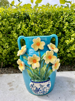 Blue Vase with Yellow Flowers - H20 x D20cm