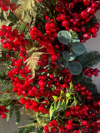 Extra Large Pine, Red berry & gold Wreath-90cm- Fresh
