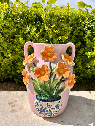 Pink Vase with Orange Flowers - H20 x D20cm